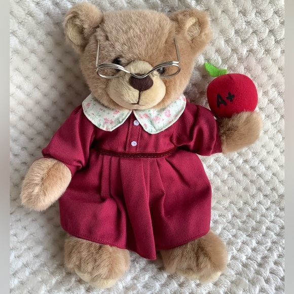 Artapower Plush Teacher Bear w Glasses and Apple in Red Dress Stuffed Animal Toy - Picture 1 of 12